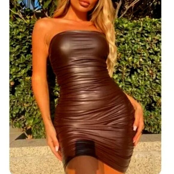 Tic Toc Women's Faux Leather Ruched Bodycon Dress - S - Picture 1 of 7